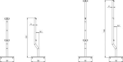 Focal Stand On Wall 300 højttalerfod, sort. Teknisk tegning med mål i cm. Set forfra, fra siden og ovenfra