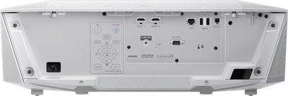 Epson EH-QL7000 branco, vista traseira, conectores HDMI, LAN, USB-A, RS-232C, áudio, botões de controle, tomada de alimentação
