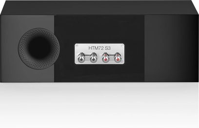 Центральна колонка Bowers & Wilkins HTM72 S3 чорного лакованого кольору, вид спереду, чорна перфорована решітка, 4 сріблясті динаміки