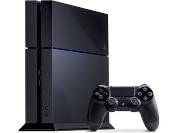 Sort vertikal PS4-konsol, sort DualShock 4-controller, reflekterende overflade, strømkabel