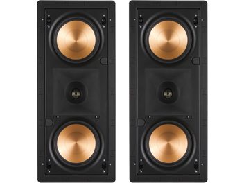 Sæt med 2 sorte Klipsch PRO-250RPW LCR indbyggede væghøjttalere med fire kobberfarvede højttalerenheder