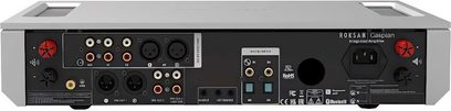 Roksan CASPIAN 4G integreret sort, bagside, forskellige lydforbindelser, XLR-stik, RCA, røde terminaler, strømstik