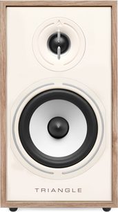 Ön görünüş, açık meşe renkli Triangle Borea BR02 kitaplık hoparlör; beyaz ön panelinde siyah dairesel tweeter ve woofer