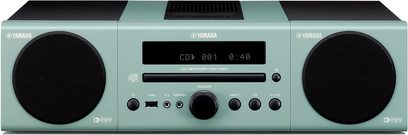 Front view of Yamaha MCR-040 mint green mini hi-fi system, with CD player, LCD display, buttons, and two speakers