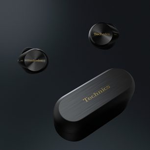 To trådløse sorte in-ear hovedtelefoner "Technics EAH-AZ80" og deres rektangulære, matsorte opladningsetui