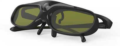 Black XGIMI active 3D glasses with green-tinted lenses, three-quarter view