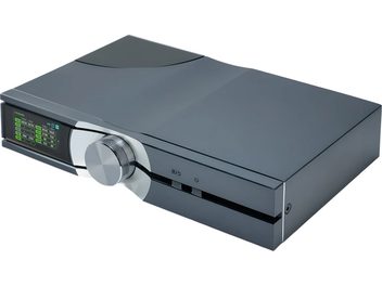 Ethernet-filter Silent Power by ifi Audio OMNI LAN i mörkgrått, skärm på framsidan och silverfärgat vred, vy snett framifrån