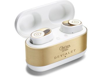 Trådløse hodetelefoner Devialet Gemini II Opéra de Paris i hvitt og gull, i matchende etui med gravert lokk, sett ovenfra