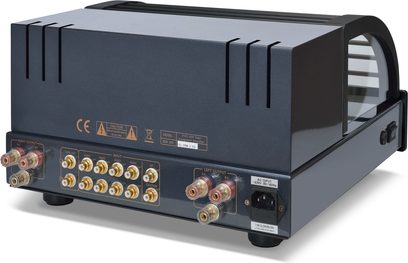 Amplificatore hi-fi a valvole PrimaLuna Evo 200 integrato nero, vista frontale, pannello frontale nero con manopole dorate e prese sul retro