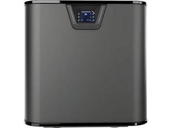 MartinLogan Depth 212 subwoofer in black lacquer, front view with blue backlit central control panel