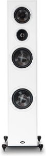 Coluna de som PSB Imagine T54 branca, vista frontal, com 3 woofers e 1 tweeter, base com pontas metálicas