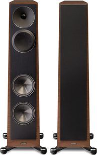 Paradigm Founder 80F walnut floorstanding speakers, front view, two round drivers, tweeter, dark wood finish