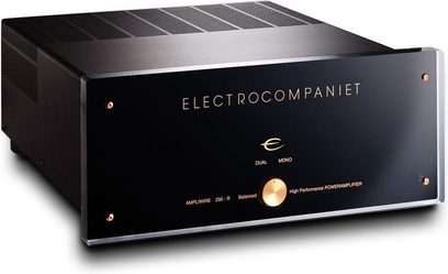 Electrocompaniet AW250-R sort stereokraftforstærker, frontpanel med knapper og indikatorer i guldfarve, set forfra