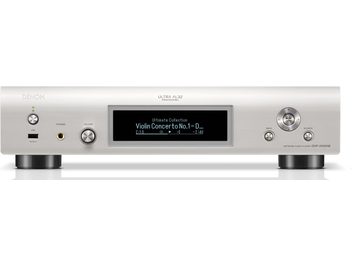 Lettore audio di rete Denon DNP-2000NE argento, vista frontale, display LCD, pulsanti e manopole di controllo, porte USB e audio