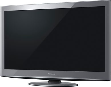 Panasonic TX-P42V20E sort fladskærms-tv, slukket, set forfra i let sidevinkel, på lys grå baggrund