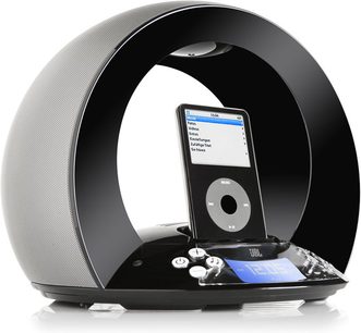 Sortlyd JBL On Time højttalere i sort, med afrundet form, sølvfarvet ring til iPod/iPhone, cirkulær højttaler