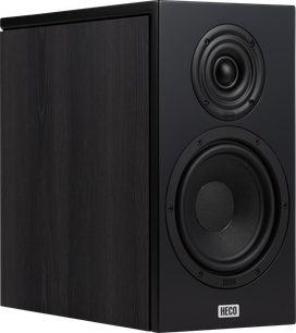 Bokhyllehøyttaler Heco Aurora XT 300 mørk eik, skrått perspektiv, teksturert sidepanel, svart front med 2 sirkulære høyttalere