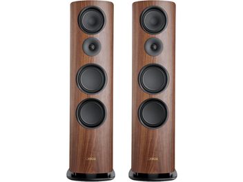 Pair of Canton Reference 3 floorstanding speakers in walnut finish, front view, aligned black drivers