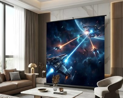 Schermo di proiezione avvolgibile con scena di battaglia spaziale futuristica e astronavi in un soggiorno moderno vista frontale