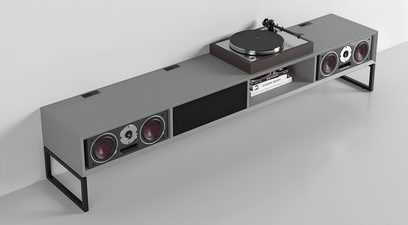 Mueble audiovisual Clic Classic Series Modelo 141 gris mate, altavoces, tocadiscos con base de madera, patas de metal negras