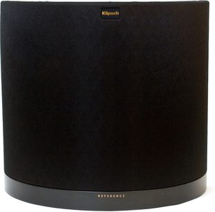 Sort Klipsch Reference højttaler, tæt forfra, cylindrisk form, sort gitter dækker fronten