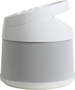 Soundcast Melody udendørs højttaler i hvid, set forfra, cirkulært metalgitter på den øverste del