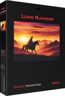 Black cardboard box of the AudioQuest Lone Ranger ZERO-Tech speaker cable, oblique view, cowboy illustration at sunset