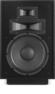 Sloupcový reproduktor Klipsch Heresy IV v černé barvě, pohled zepředu, kruhové výškové reproduktory, obdélníkový výškový reproduktor, viditelné upevnění