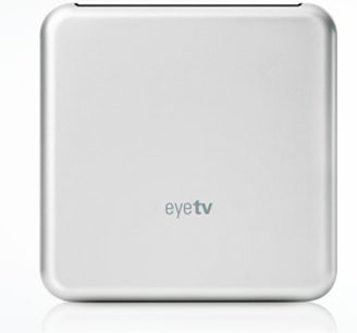 Rechteckiges weißes Gehäuse mit abgerundeten Ecken und der schwarzen Kleinschrift "eye tv" in der Mitte