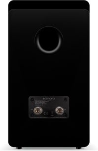Diffusore da scaffale Sonoro Orchestra Slim Gen 2 nero, vista posteriore con condotto reflex rotondo e morsetti altoparlante + e -
