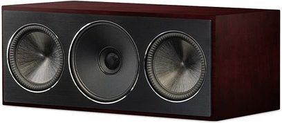 Paradigm Founder 70LCR center speaker in dark cherry wood finish, front view, 3 circular black speakers on rectangular wood cabinet