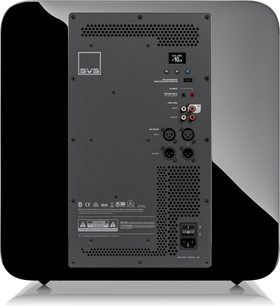 Caisson di grave SVS SB-5000 R|Evolution nero laccato vista posteriore con porte, comandi, griglie di ventilazione e finitura lucida
