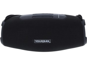 Bluetooth-kõlar Yourban Getone 45, vaade ülalt, silindrikujuline, must kangas, hallid juhtnupud, Yourbani logo