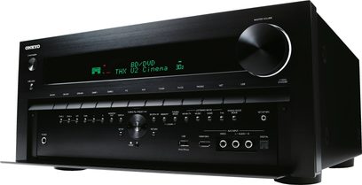 Onkyo TX-NR1010 sort hjemmebiografsforstærker, frontpanel, frontvisning, grøn display "BD/DVD THX D2 Cinema 3D", knapper og stik