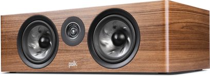 Centrální reproduktor Polk Audio R400 ořech, 3 černé kruhové reproduktory na obdélníkové dřevěné čelní straně, pohled zepředu