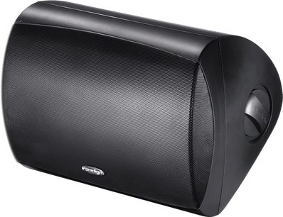 Udendørs højttaler Paradigm Stylus 470-SM sort, perspektivvisning, buet metalgitter, sort kabinet, synligt logo