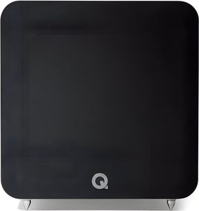Q Acoustics Q SUB100 black subwoofer, cube-shaped enclosure with rounded corners and front fabric grille, front view, silver Q logo centered at the bottom, and conical metal feet