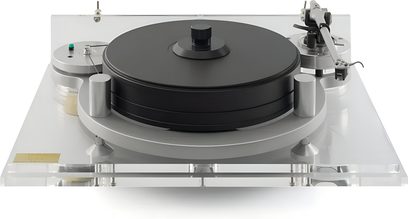 Прозрачен акрилен и метален грамофон Michell Engineering Orbe с черна платерна плоча, тонарм вдясно, изглед отпред