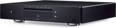 Lecteur CD Primare DD15 noir, vue de face, façade noire avec afficheur, boutons et fente CD, 2 pieds argentés