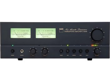 Amplificatore hi-fi integrato stereo NAD C3030S nero, doppio VU-metro verde, grande manopola del volume e comandi sul pannello frontale