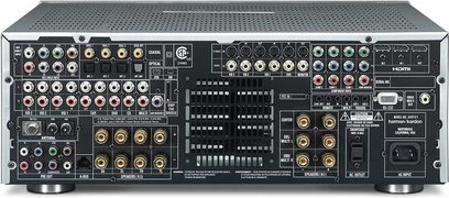 Harman Kardon AVR 745 sort hjemmebiografsforstærker, frontpanel, forfra, mange stik og kontrolknapper