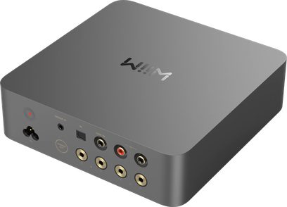 Stereo hi-fi integreret forstærker WiiM Vibelink Space grey med gråt kabinet, logo på toppen og synlige tilslutninger bagpå