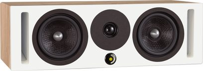 Coluna central Davis Acoustics Krypton C Nordik branca, vista frontal, 2 altifalantes circulares pretos, tweeter central, dutos laterais