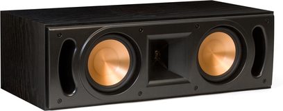 Klipsch RC-52 MkII sort centerkanal, set forfra, med to mellemtone-højtalere og en diskant, i et træhus