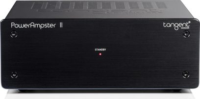 Tangent PowerAmpster II forstærker, mat sort minimalistisk front, tændt rød LED-indikator, 4 synlige skruer