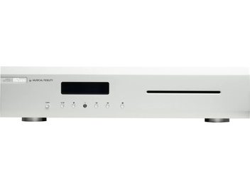 Musical Fidelity M2SCD sølvfarvet CD-afspiller, set forfra, front med display, knapper og diskåbning