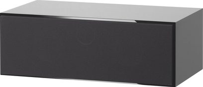 Rektangulær, sort lakeret center højttaler fra Bowers & Wilkins HTM72 S2, set forfra med sort gitter på fronten