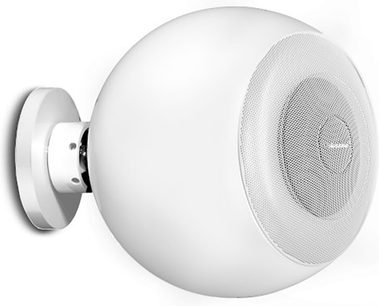 Compact hi-fi speaker Cabasse Riga 2 wall-mounted matte white in side view, spherical shape with circular metal grille