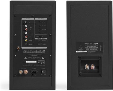 Pár reproduktorů Elipson Horus 6 Active BT Phono v matné černé, zadní pohled, kovový panel s RCA, TV ARC, reproduktorové terminály