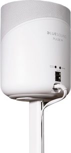 BlueSound PULSE M white speaker stand, adjustable metal support with round base and rear connectivity